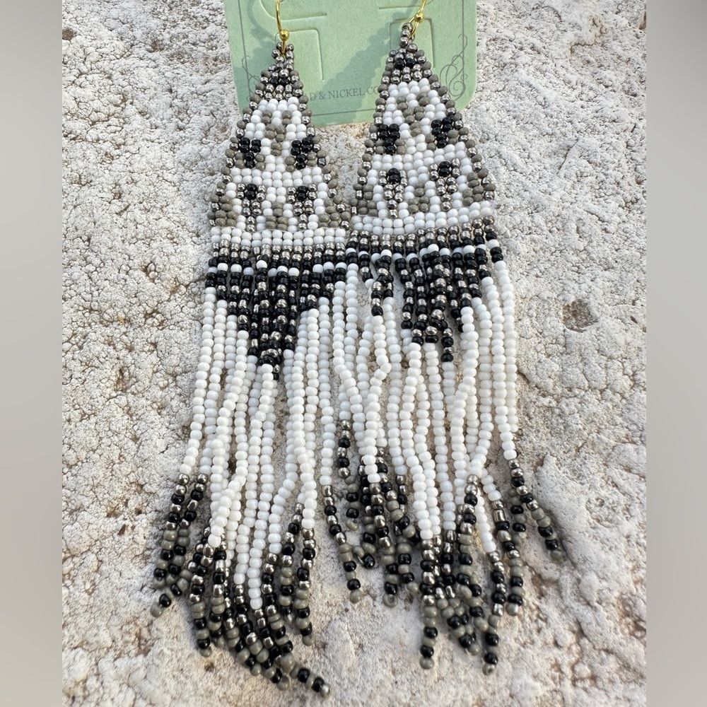 Western Earrings Women’s Fringe Seed Beads Black and White Cowboy Cowgir…